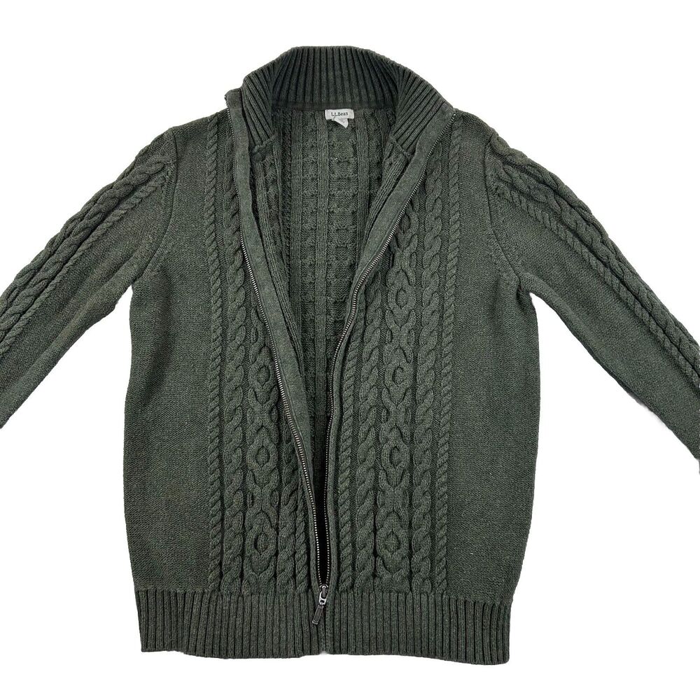 Vintage LL Bean Full Zip Fisherman Cable Knit Sweater Womens M Green Long Sleeve